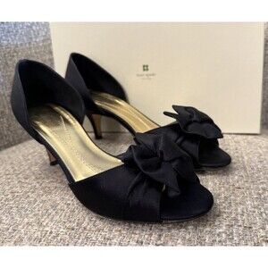 Kate Spade Satin Bow Black Heels size 7 Designer Excellent With Box